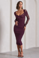 Plum Ruched Mesh Long-Sleeved Bodycon Midi Dress